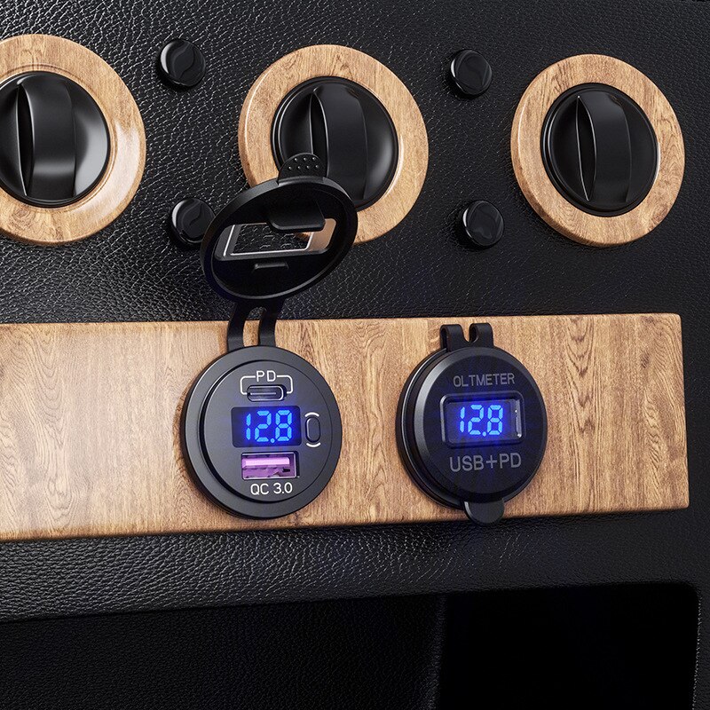 48W USB Type C Car Usb Charger Socket 12V/24V Dual USB Outlet PD3.0&QC3.0 Car Socket with LED Voltmeter and ON/Off Switch Fast C