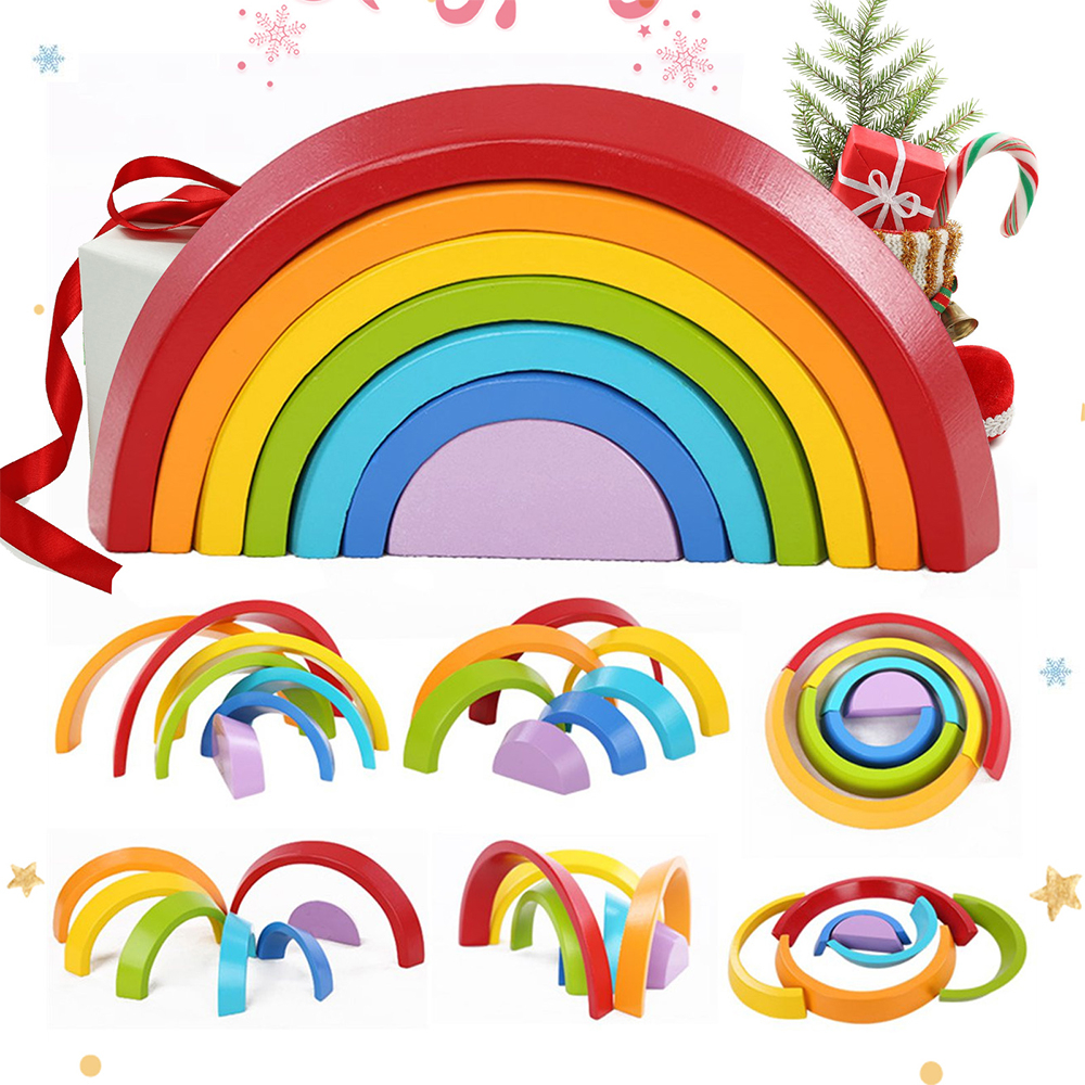 7สี Rainbow บล็อกตัวต่อการศึกษาเด็กของเล่นไม้ซ้อนบล็อกของเล่นปริศนาเรขาคณิตอิฐการเรียนรู้