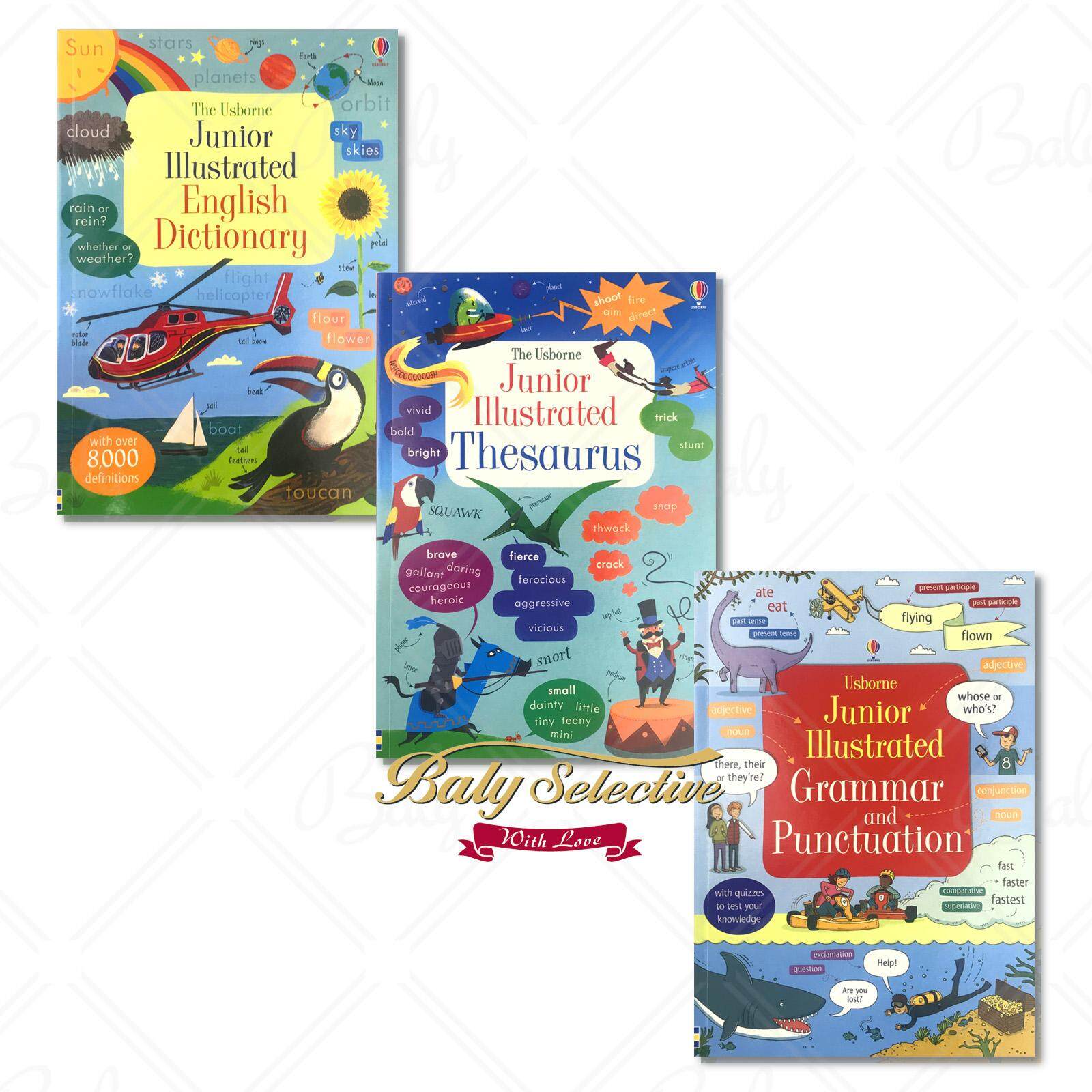 Usborne พจนานุกรมภาษาอังกฤษ Boxset for Writers Collection หนังสือการศึกษาเรียนรู้ภาษาอังกฤษทางเลือกที่ดีสำหรับเด็กเด็ก (3 Books Set Usborne Include Junior Illustrated English Dictionary, Thesaurus, Grammar and Punctuation)