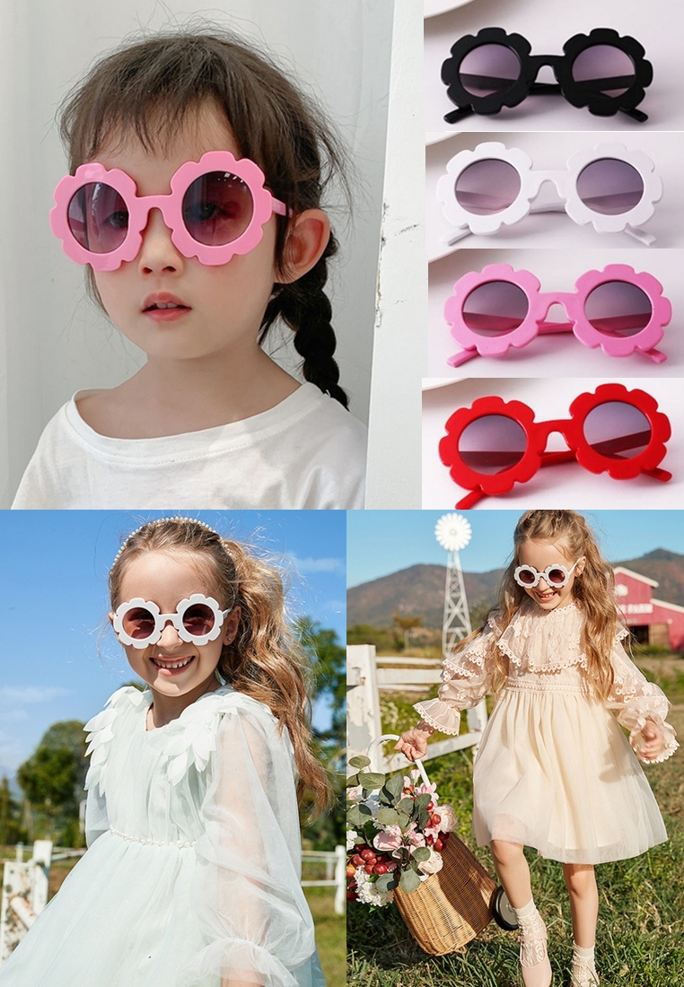 (ซื้อ 1 แถม 1) แว่นตาแฟชั่นเด็ก แบบกลม ลายดอกไม้ เลือกสีเอง
