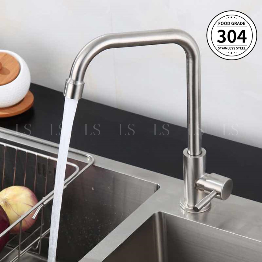 Lak Si  ป้องกันมลพิษน้ำมัน SUS304 สแตนเลสห้องน้ำอ่างล้างจานอ่างก้านเดี่ยวเย็นแตะก๊อกน้ำห้องครัว (นิกเกิล)
