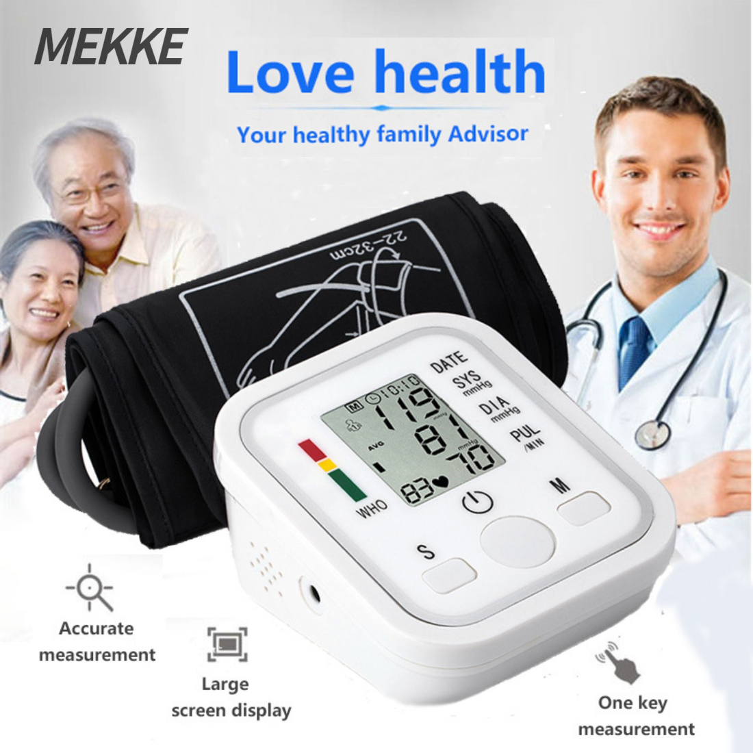 Mekke 【อัพเกรด!!!】วัดความดัน เครื่องวัดความดัน เครื่องวัดความดันแบบพกพา หน้าจอดิจิตอล เครื่องวัดความดันโลหิต Blood Pressure Monitor With Voice Arm Style