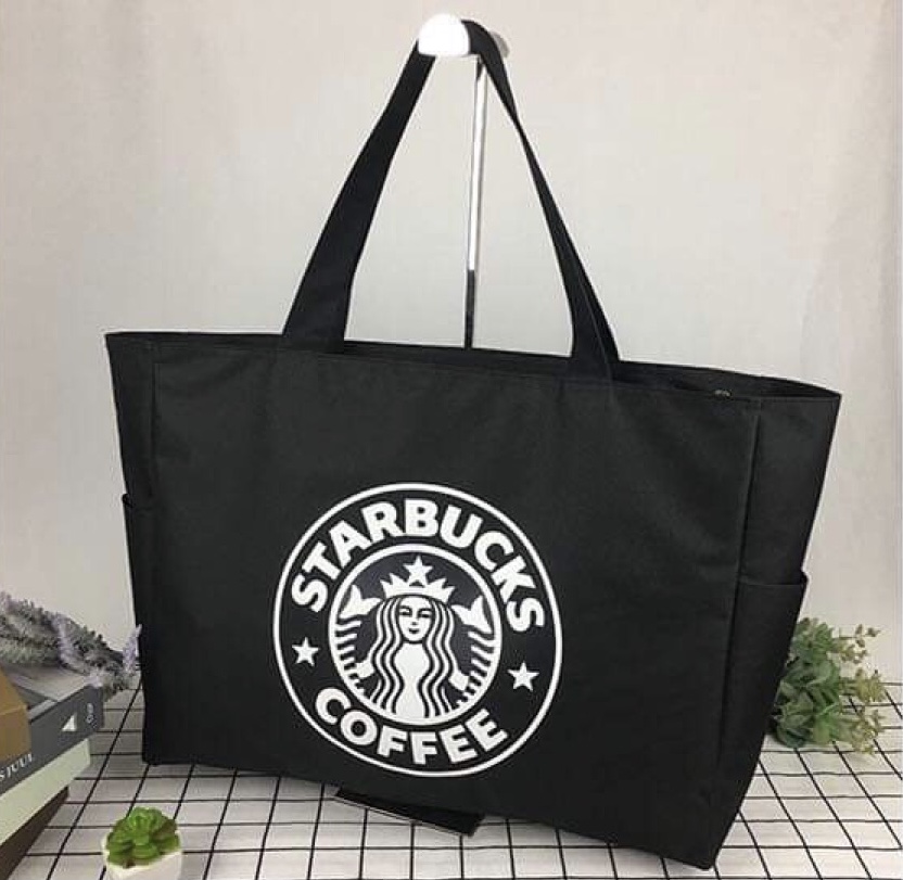 Starbucks BLACKกระเป๋าสะพายข้าง ถุงผ้าน่ารัก ถุงผ้าใส่ของ ถุงผ้าช็อปปิ้ง ถุงผ้ากันน้ำ ถุงผ้าแฟชั่น ถุงผ้ามีซิป ลายสตาบัค Starbucks  สีดำ