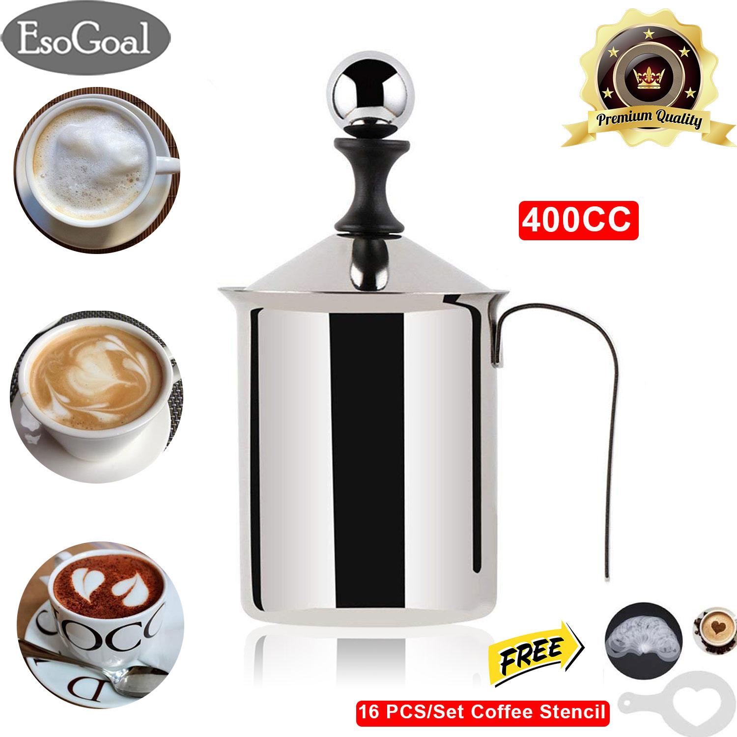 EsoGoal ถ้วยปั๊มฟองนม ขนาด  ถ้วยตีฟองนม เครื่องทำฟองนม ที่ตีฟองนม Manual Milk Frother Foamer Stainless Steel Cappuccino Coffee Creamer Foam Pitcher with Handle and Lid Double Mesh 400CC/800CC
