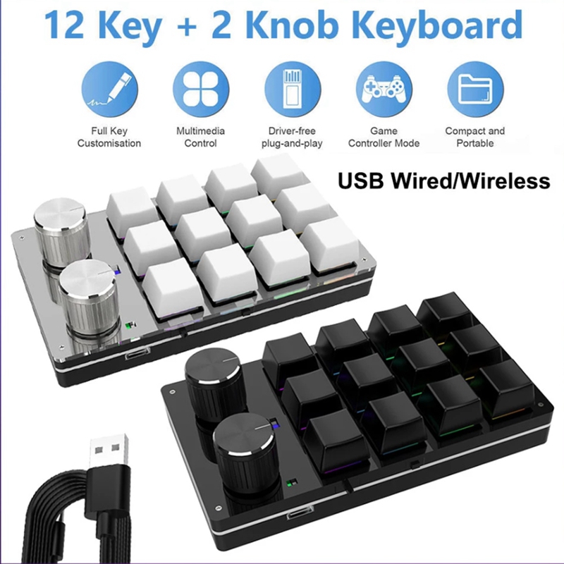 USB Macro Mini Keyboard 12 Keys 2 Knob Programming Keypad Hot-Swap Customization Gaming Mechanical Keyboard