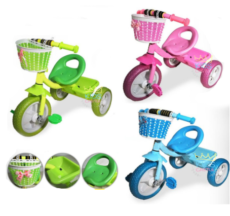 Barbiebaby รถจักรยานสามล้อ รถจักรยานสามล้อสำหรับเด็กมีตะกร้าหน้ารถและกระบะใส่ของด้านหลังสำหรับเด็ก