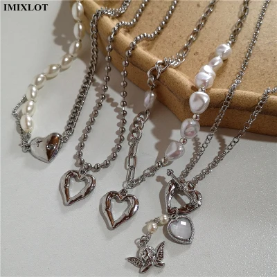 Kpop Vintage Baroque Pearl Choker Metal Heart Angel Pendant Clavicle Chain Short Necklace For Women Egirl Goth Cool Punk Jewelry