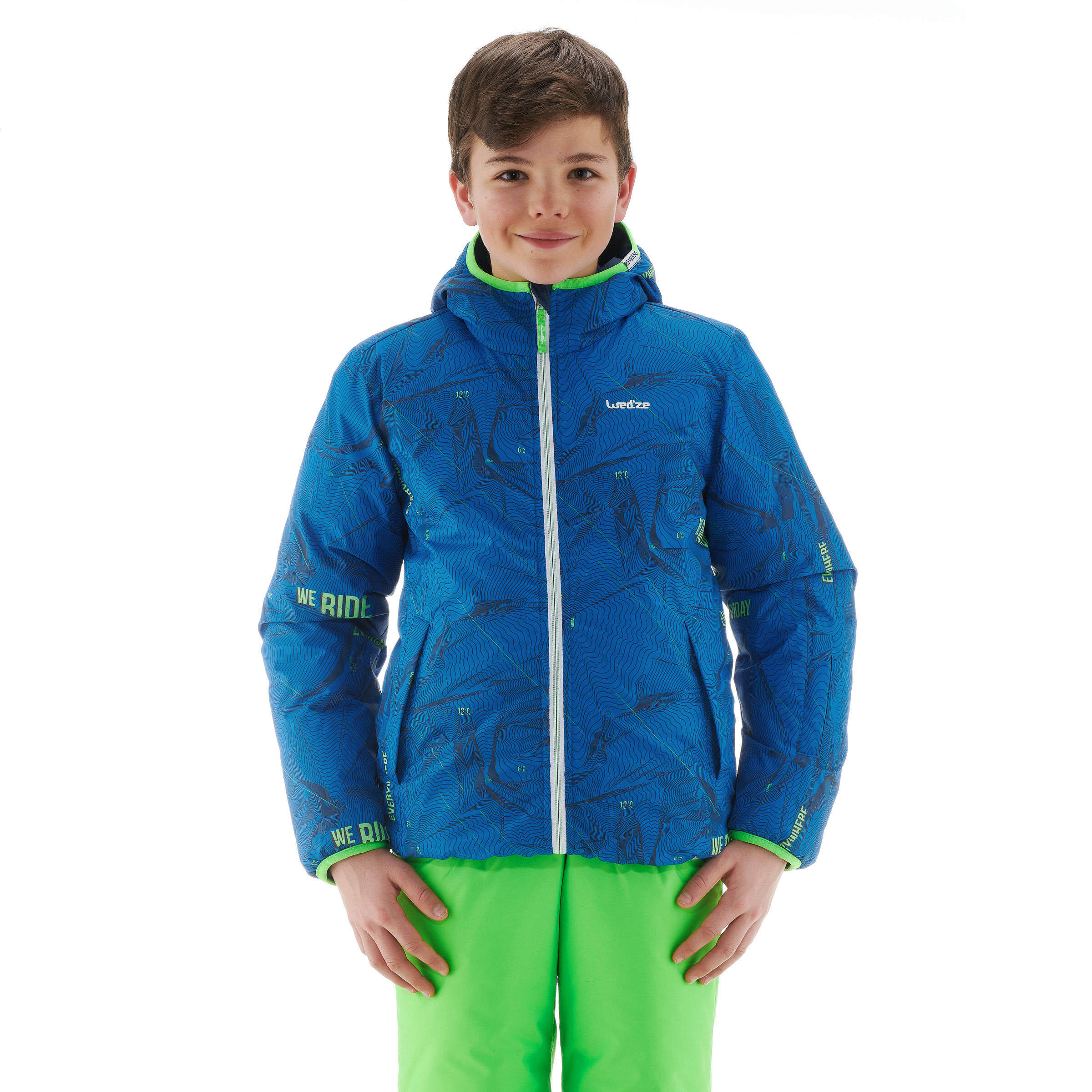 เสื้อแจ็คเก็ตเล่นสกีแบบใส่ได้สองด้านสำหรับเด็กรุ่น 100 (สีฟ้า/เขียว) เด็กผู้ชาย 4 ถึง 16 ปี สกี เสื้อผ้าเด็กผู้ชาย เสื้อผ้า สกี