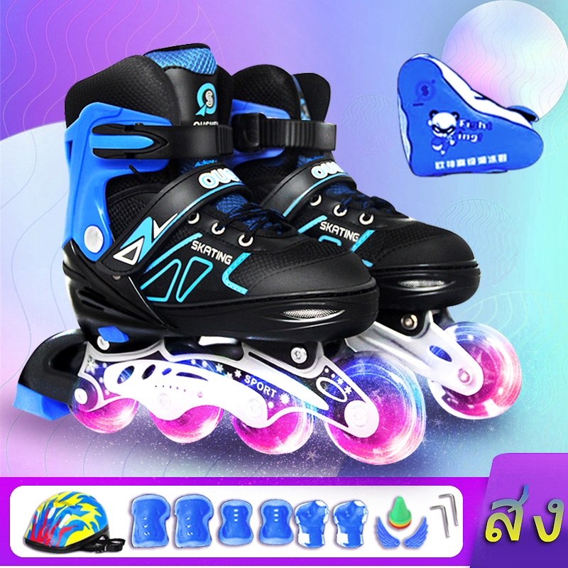 Roller Blade Skate รองเท้าอินไลน์สเก็ต ของเด็กหญิงและชาย ออกแบบdoubleล็อก ปลอดภัย ล้อมีไฟ PINK／BLUE/BLACK