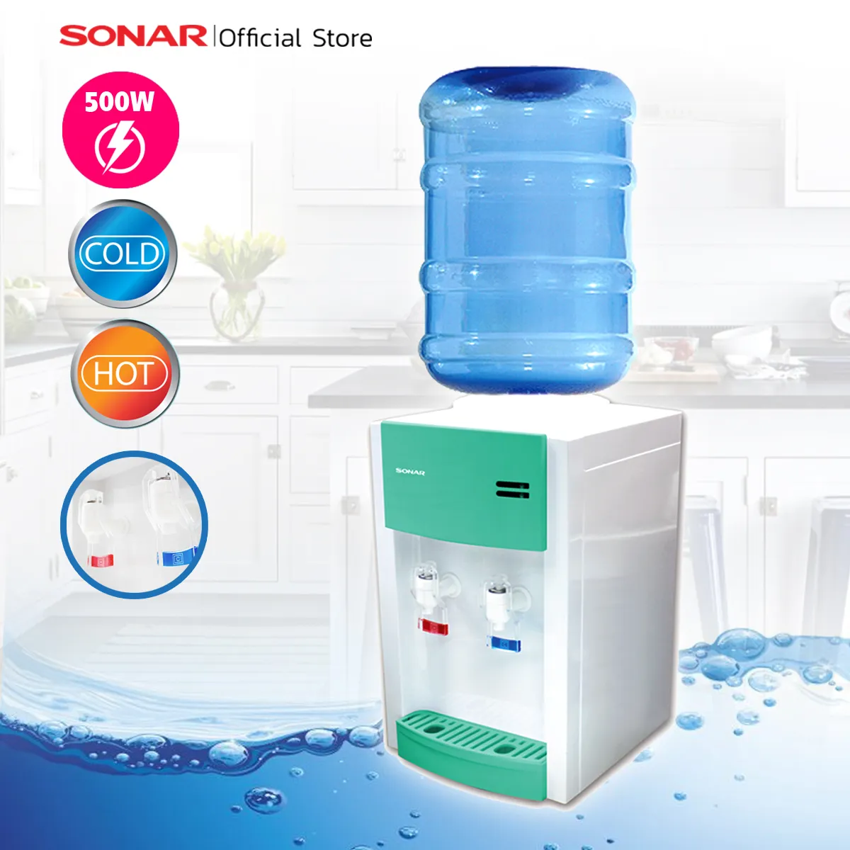 SONAR ตู้กดน้ำดื่ม ตู้น้ำดื่ม ตู้น้ำพลาสติก ตู้ทำนำ้เย็น-น้ำร้อน เครื่องทำน้ำร้อน น้ำเย็น 2 หัว แบบตั้งโต๊ะ WD-DT363HC