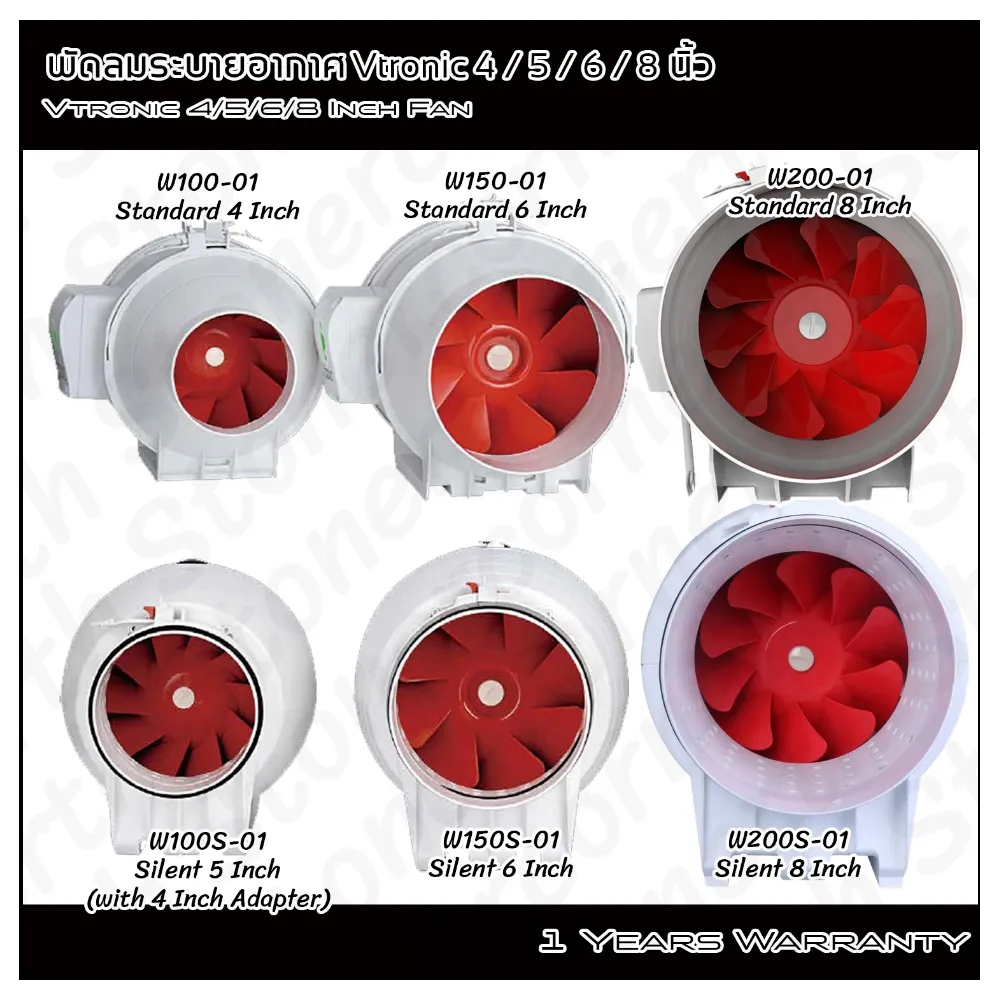 Vtronic Mixed inline fan ขนาด 4 / 5 / 6 / 8 Inch พร้อมออฟชั่นซื้อท่อ Flex และแหวน รุ่น Silent และ รุ่นปกติ พร้อมครบชุด W100-01 W150-01 W200-01 W100S-01 W150S-01 W200S-01 พัดลม สำหรับเต้นท์ปลูก