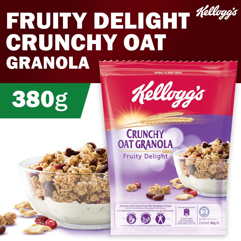 Kelloggs Crunchy Oat Granola (Chocolate+Fruit Delight) เคลล็อกส์ ซีเรียล ธัญพืช กราโนล่า (ช็อคโกแลต+ผลไม้อบแห้ง) 380g. (2แพค)