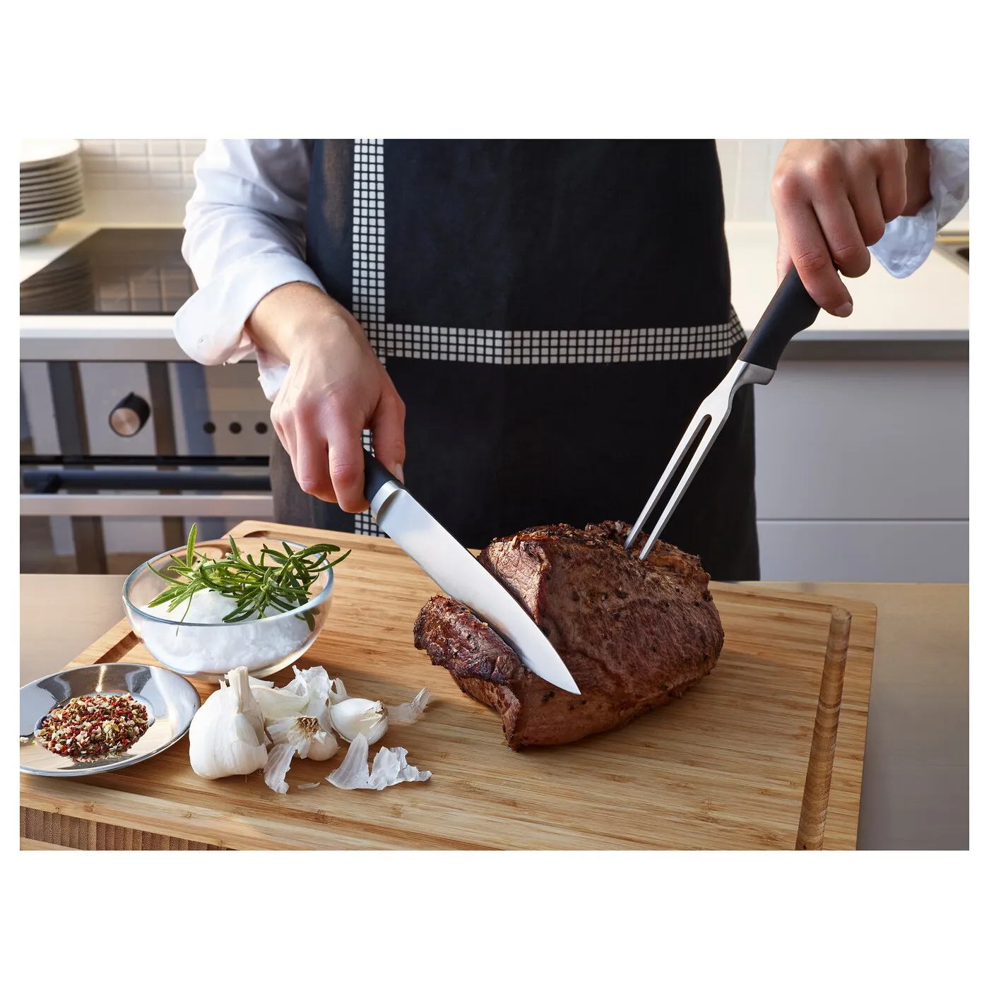 [ส่งฟรี ] ส้อมจิ้มเนื้อ/มีดแล่เนื้อ, ดำ Carving fork and carving knife, black knife kitchen Kitckitchen knife kitchen knife set มีดทำครัว มีดปังตอ มีดสับ ซอย หั่น  ชุดอุปกรณ์ครัว แข็งแรงทนทาน ไม่เป็นสนิม