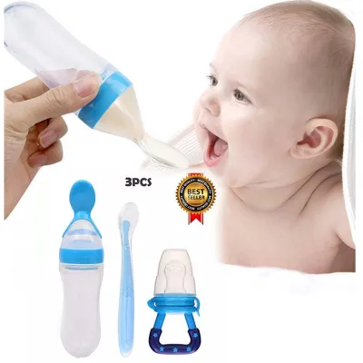 3PCS Baby Food Feeder Silicone Feeder Set Infant Fruit Feeder Fake Nipple Toy Spoon Squeeze Spoon Food Feeder Food Bottle BPA-Free (Blue / Pink / Green)