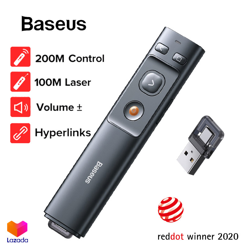 Baseus รีโมทพรีเซนบลูทูธไร้สาย พร้อมตัวชี้เลเซอร์ USB & Type-C 2.4GHz สำหรับนำเสนองาน Powerpoint ใช้ได้กับ Mac/Win 10,8,7,XP ฟรีถ่านพร้อมใช้งาน