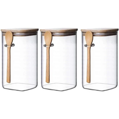 3Pcs Clear Square Glass Storage Jar with Bamboo Lids with Bamboo Spoons - Airtight Food Jars - Glass Kitchen Containers