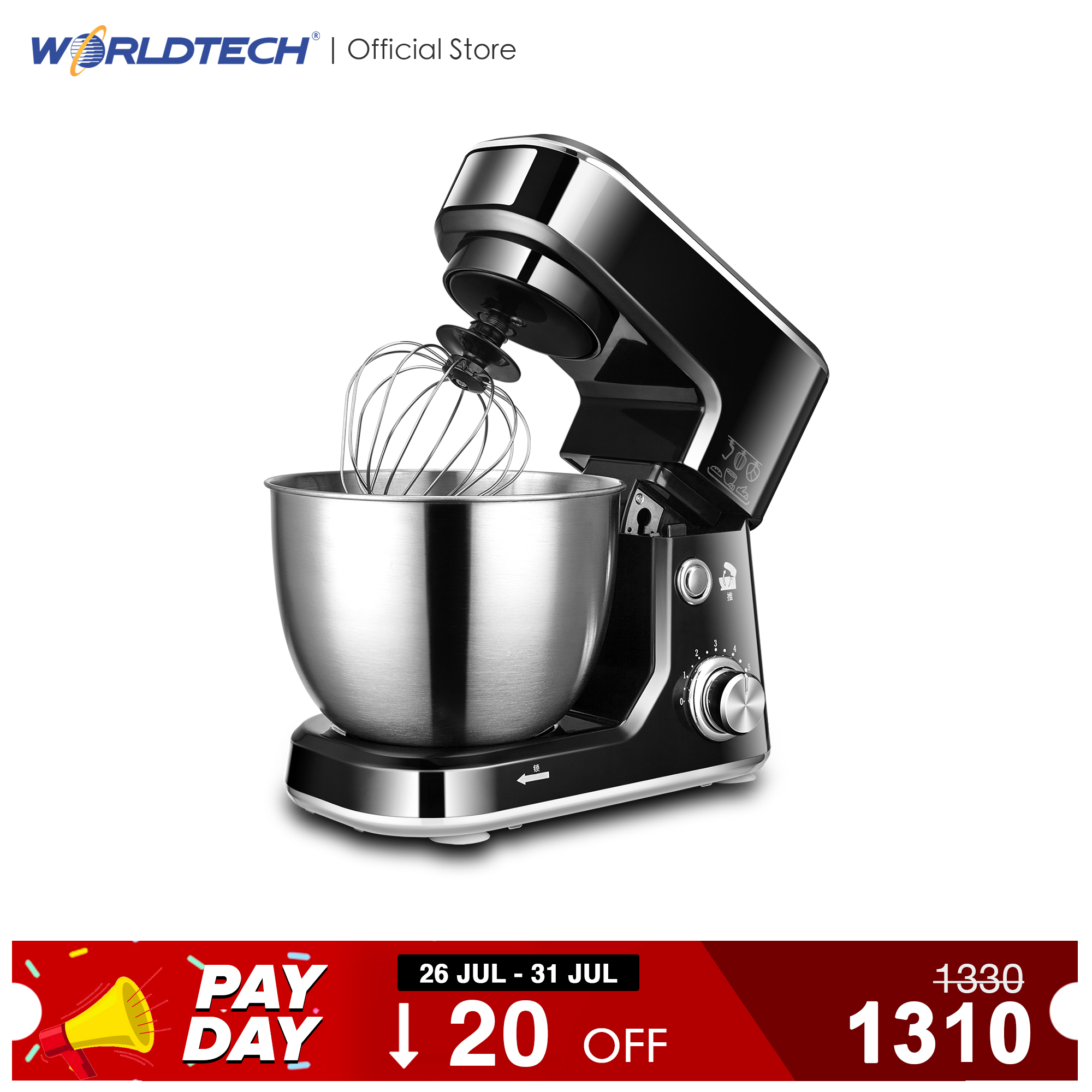 Worldtech เครื่องผสมอาหาร 4 ลิตร Stand Mixer รุ่น WT-SM40 เครื่องตีแป้ง เครื่องตีไข่ แบบตั้งโต๊ะ นวดแป้ง/ผสมอาหาร เครื่องผสมอเนกประสงค์ โถสแตนเลส ความจุ 4L. 600 วัตต์ รับประกัน 1 ปี