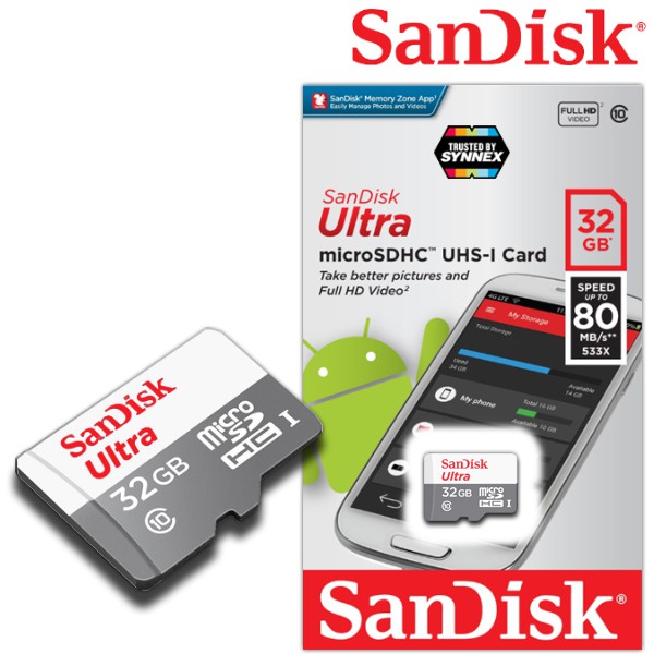 Sandisk MicroSD Ultra Class 10 80MB/S - 32GB/64GB/128GB (SDSQUNS_032G_GN3MN) ( เมมโมรี่การ์ด ไมโครเอสดี การ์ด )