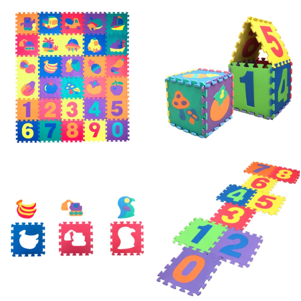 Thai88Shop  แผ่นรองคลานเด็ก 30 แผ่น  แบบรวม ผลไม้ ตัวเลข รถ   ขนาด 30*30ซม./1 แผ่น หนา 0.8 ซม. เสื่อรองคลานหลากสี   30 Pc Kids and Baby Crawling Mat with Number Fruit, and Vehicle Pieces, 1 Pc 30x30x0.8 Cm, Colorful Childrens Puzzle Playmat