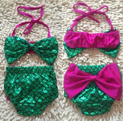 2pcs Mermaid Baby Girl Clothes Summer Sleeveless Bikini Set Halter Bowknot Swimwear Little Mermaid