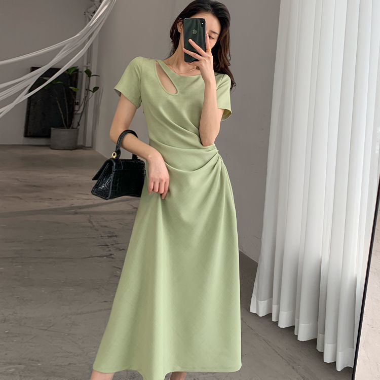 IELGY Đầm Màu Trơn Eo Cá Tính Phong Cách Pháp Cho Nữ