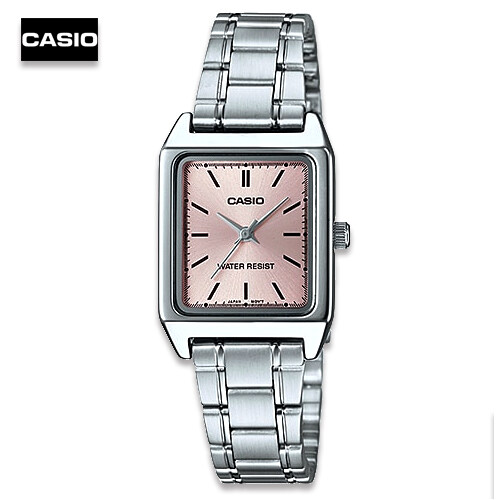 Velashop Casio นาฬิกาข้อมือผู้หญิง สีเงิน/หน้าชมพู หน้าปัดสี่เหลี่ยม สายสเตนเลส รุ่น LTP-V007D-4EUDF,LTP-V007D-4E, LTP-V007D