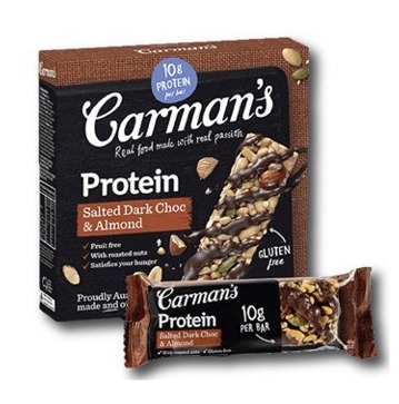 Carman's Protein Bar Salted Dark Choc & Almond (Australia Imported) x5 Bars คาร์แมน โปรตีนชนิดแท่ง รสซอล์ตดาร์คช็อคและอัลมอนด์ x5แท่ง