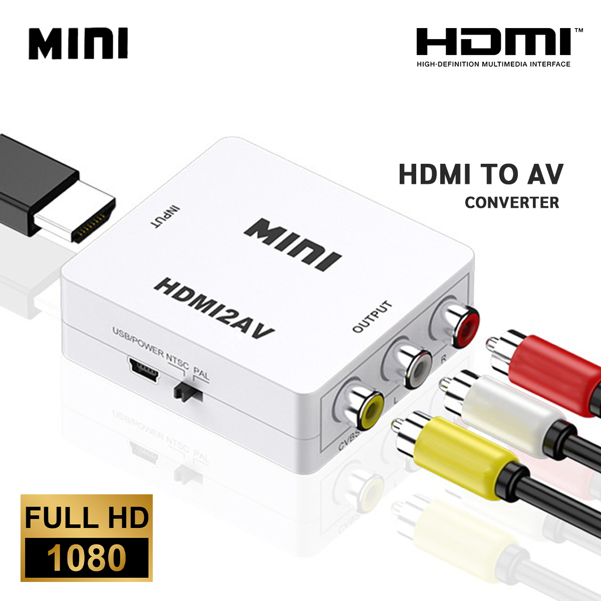 Mini HD 1080P HDMI 2AV Video Converter Box HDMI to RCA AV/CVSB L/R Video Support NTSC PAL Output HDMI TO AV#T4