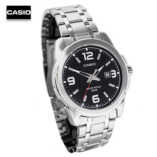 Velashop นาฬิกาผู้ชาย Casio สีเงิน สายสแตนเลส หน้าปัดดำ รุ่น MTP-1314D-1AVDF MTP-1314D-1A MTP-1314D