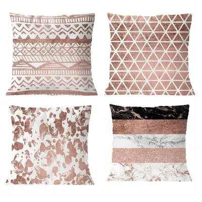 Set Of 4Pcs Pink Geometric Striped Flower Throw Pillow Case Cushion Cover Home Sofa Decor 45 X 45Cm