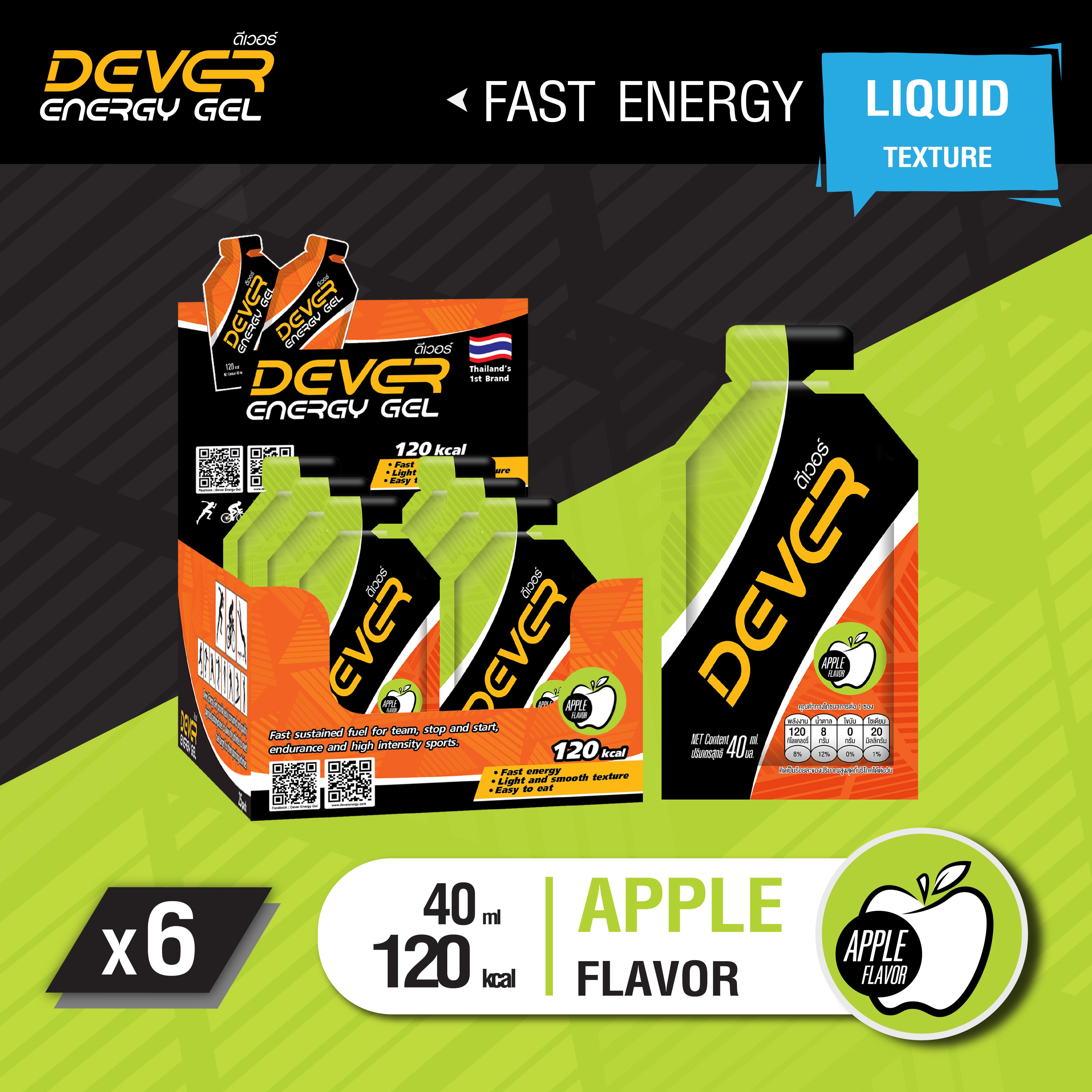DEVER vital energy gel เจลวิ่ง เจลนักวิ่ง นักกีฬา นักวิ่ง เจลให้พลังงานพร้อมทาน สารอาหารสำหรับนักกีฬา เจลพลังงาน เกลือแร่ > 40 ML แอปเปิ้ล 6 ซอง