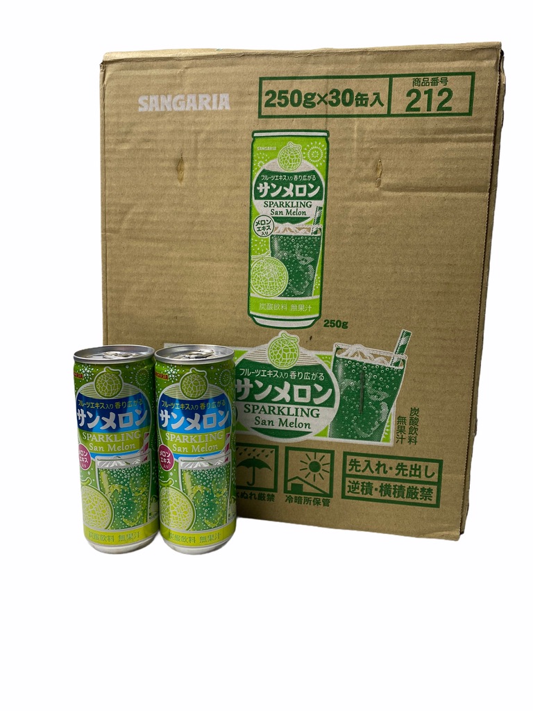 SANGARIA SPARKLING San Melon 250g กระป๋อง สีเขียว สินค้านำเข้าจากญี่ปุ่น รส เมลอน 1ลัง/บรรจุ 30 กระป๋อง ราคาส่ง ยกลัง สินค้าพร้อมส่ง