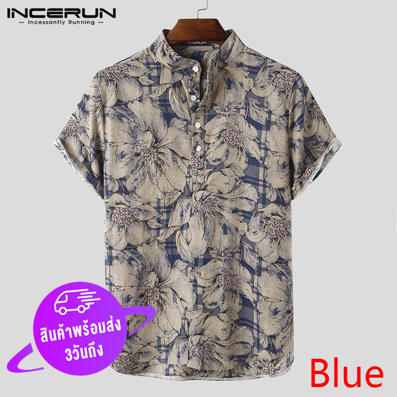 (Leisure style) INCERUN เสือเชิ้ตคอจีน เสื้อเชิ้ตแขนสั้นลายฮาวาย ผ้าลินิน แขนสั้น สำหรับผู้ชาย ใส่สบายๆ (ไซส์S-3XL)