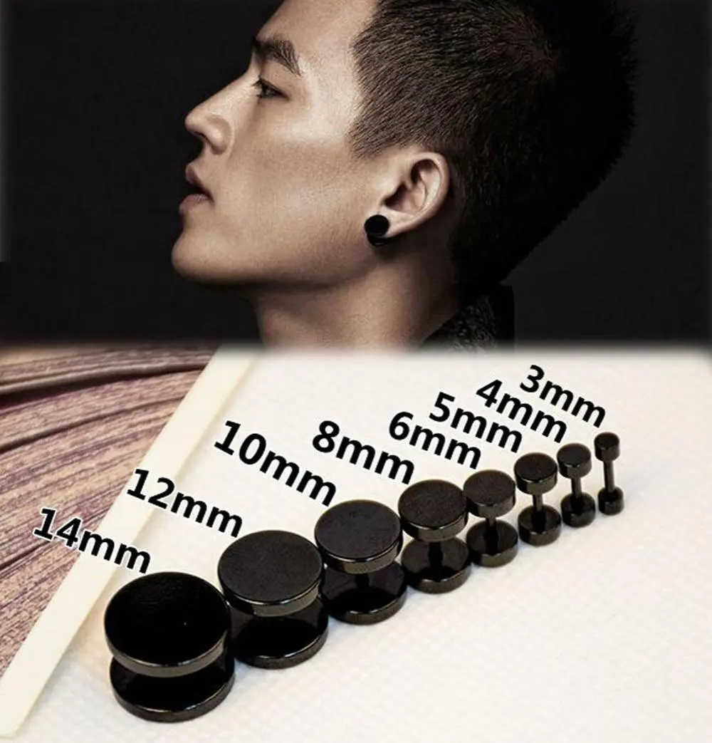ต่างหู ตุ้มหู จิว ต่างหูผู้ชาย Black Gothic Barbell Earring Fashion Stainless Steel Round Plain Men Stud Earring Jewelry 8 Styles Drop Shipping - 1 ข้าง