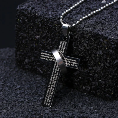 สร้อยคอ ไม้กางเขน Vintage Cross Pendant Necklace Men Women Stainless Steel Long Chain Necklace Ethnic Prayer Scripture Cross Pendant Punk Jewelry