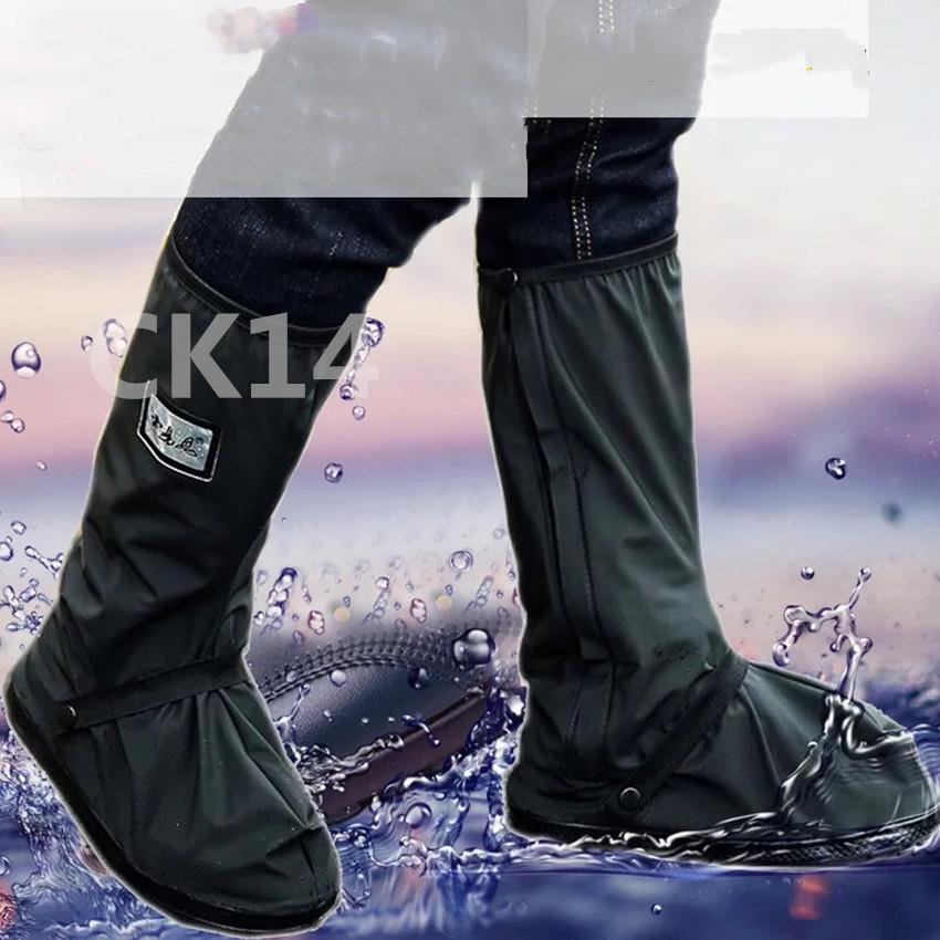 CK14 ถุงคลุมรองเท้ากันฝน ถุงคลุมรองเท้ากันน้ำ Long Black Anti-slip Waterproof Rain Boot Shoes Cover Overshoes with Elastic String for Women Men Waterproof Boot