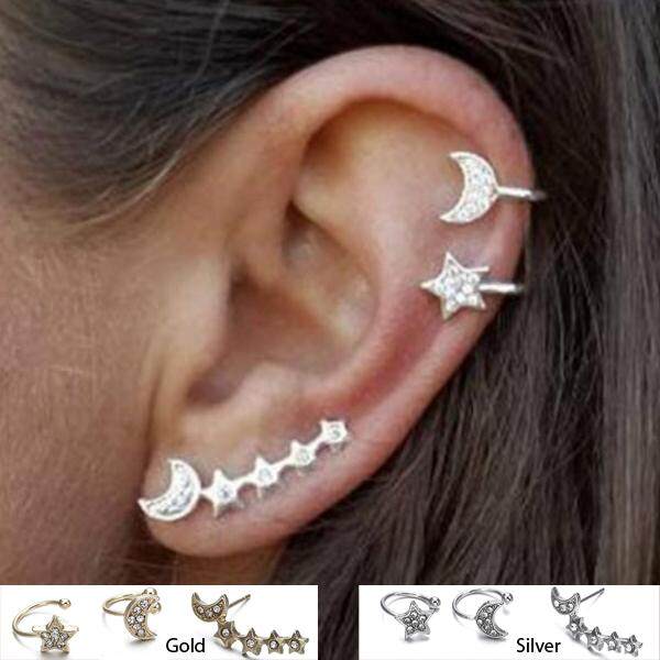 ต่างหู ไม่ต้องเจาะหู ตุ้มหู จิว Star Moon Cuff Earrings Simple ear clip fashion Gift Jewelry earring for women accessories - 1 ข้าง 3 ชิ้น