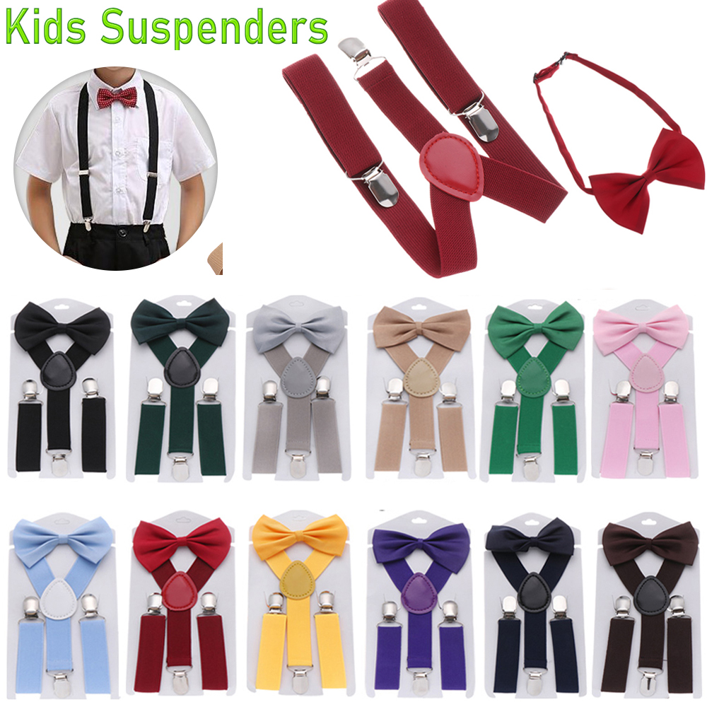 NARGANG89 1set Cute New Fashion Solid Color Clip-on Adjustable Children Wedding Dress Hair Bow Set Elastic Braces Cow Tie Belts Printed Bow Tie Kids Suspenders