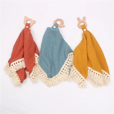 Muslin Cotton Mini Baby Tassel Blanket with Pacifier Holder Infant Comfort Appease Burp Cloth Towels