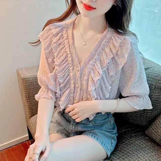 BHYU Áo Sơ Mi Ren Viền Bèo Cổ Chữ V Ngắn Tay Thời Trang Mùa Hè Áo Sơ Mi Nữ Ngắn Tay Viền Bèo Kiểu Mớ