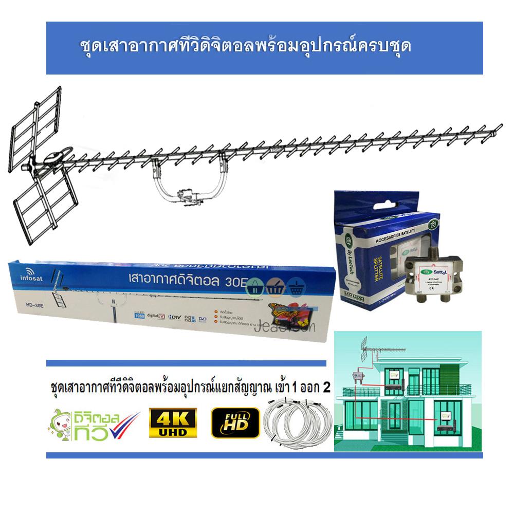 ชุดเสาอากาศทีวีดิจิตอล infosat 30E พร้อมติดตั้ง 2 จุด + 1 x 2 Satellite Splitter(Jeab Tech)
