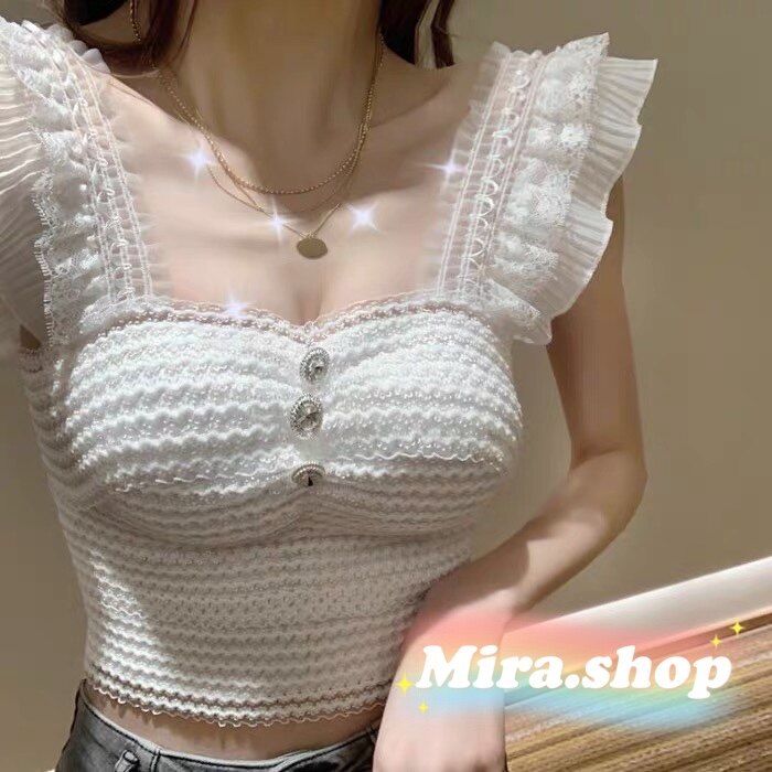 Mira.shop เสื้อกล้ามแต่งขอบชีฟองกระดุมมุก1152. 