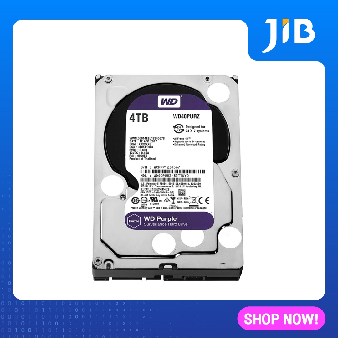 JIB 4 TB HDD (ฮาร์ดดิสก์) WD PURPLE 5400RPM SATA3 (WD40PURZ)