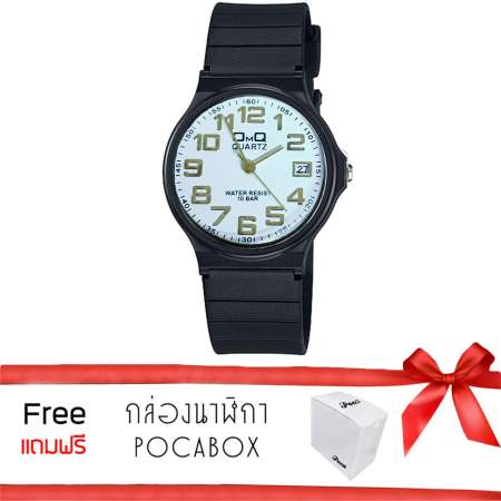 OMQ นาฬิกาข้อมือผู้หญิง ผู้ชายมีวันที่ สายยางสีดำ หนัาปัดกลม MQ-24 ฟรีกล่องPOCA