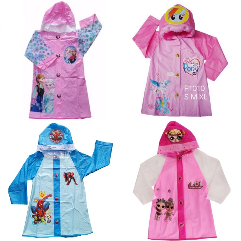 hot พร้อมส่ง เสื้อกันฝน เสื้อกันฝนเด็ก ลายการ์น 36 ปี Rain Coat Frozen Barbie  Thom  Mouse LoL Spider man
