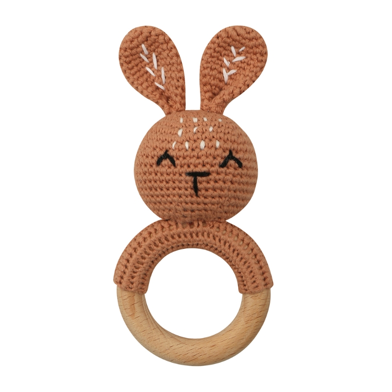 1pc Wooden Crochet Bunny Rattle Toy BPA Free Wood Ring Baby Teether ...
