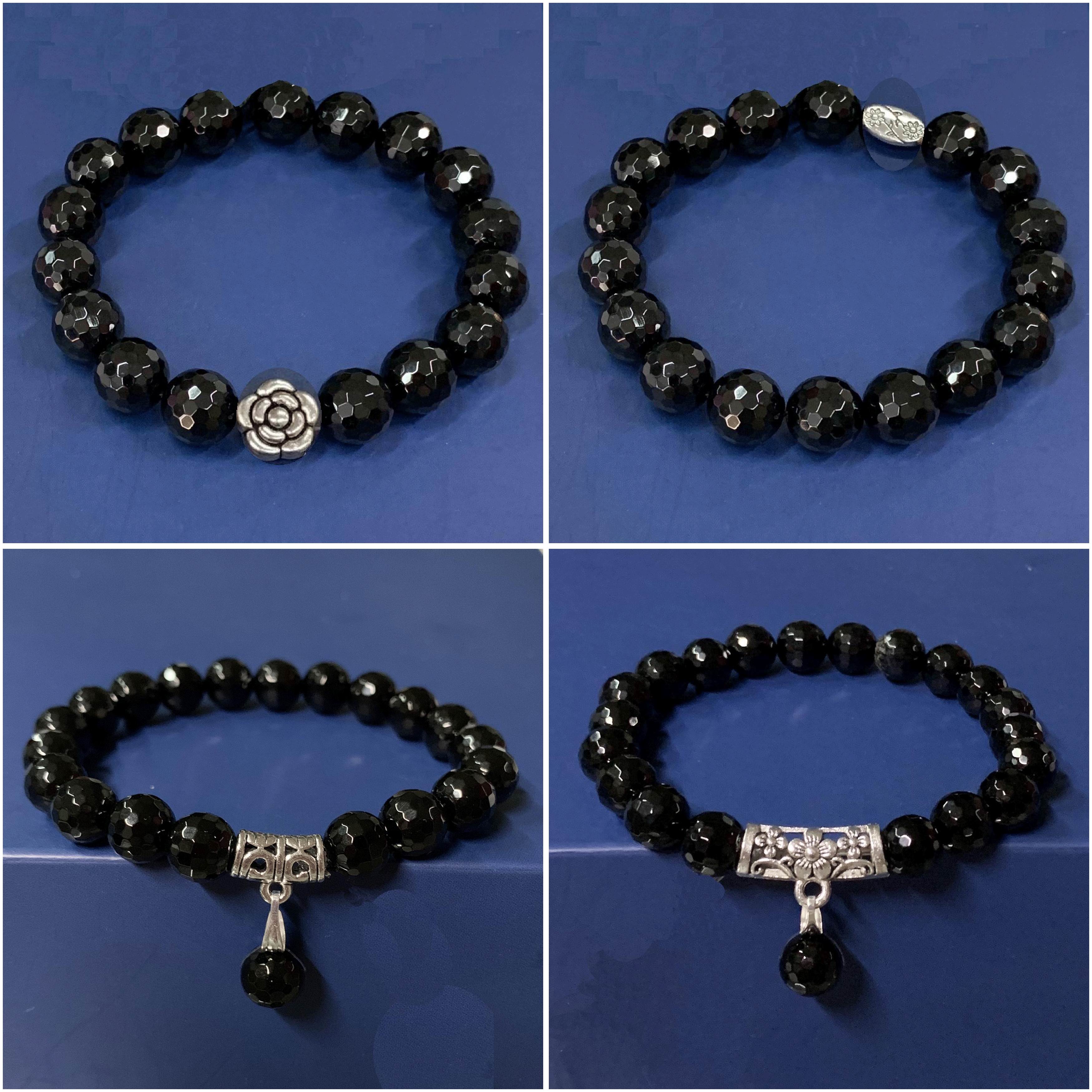 1 เส้น สร้อยข้อมือหินแท้นิลดำเจียเหลี่ยม Genuine stones หินแท้นำโชค หินเสริมดวงมงคล หินแท้ธรรมชาติ Natural Black Onyx Faceted เอ็นยืดได้