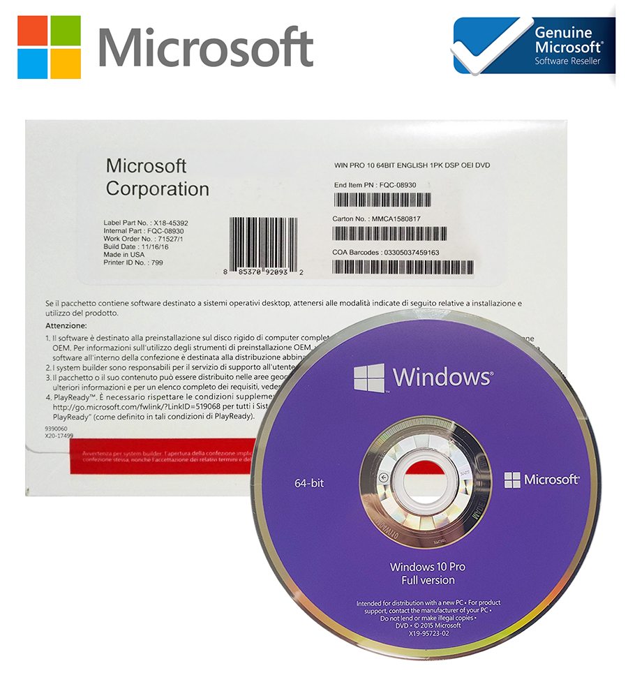 WINDOWS 10 PRO DVD 64 Bit OEM (FQC-08929)