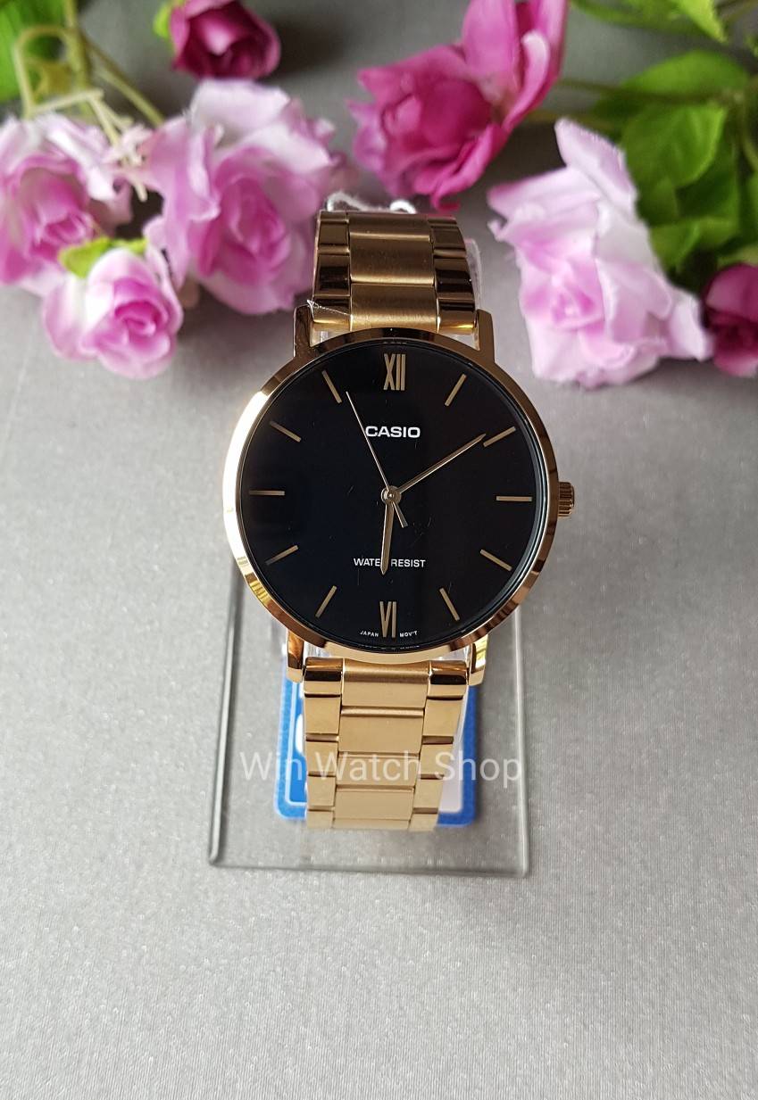 นาฬิกา Casio รุ่น LTP-VT01G-1B นาฬิกาสำหรับผู้หญิง สายแสตนเลส สีทอง หน้าปัดดำ - มั่นใจ ของแท้ 100% รับประกันสินค้า 1 ปีเต็ม
