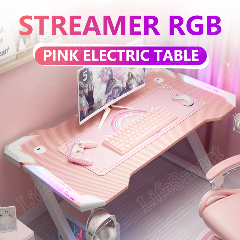 LifeSmart โต๊ะเล่นเกม สีชมพู เก้าอี้เล่นเกมส์ สีชมพู โต๊ะคอมพิวเตอร์ RGB มีรูปทรงขาZ โต๊ะเกม มีไฟ RGB มีไฟ LEDสวย ไม่แสบตา หน้าโต๊ะหุ้มคาร์บอ